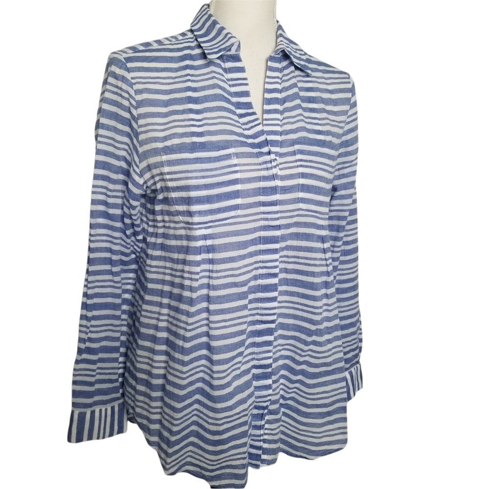 Lord & Taylor Women's Blue & White Striped Button Down Cotton Blouse Siz…